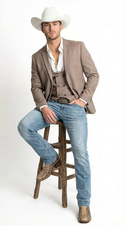 Men’s Beige Cowboy Blazer with Double breasted Vest – Western Two Piece Suit Pants included