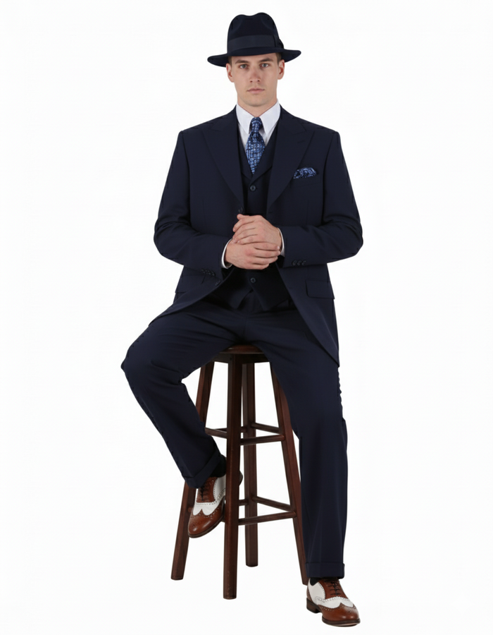 Men’s 1920s Navy Blue Zoot Suit – Classic Gangster 3-Piece Long  - Classic Fit Pleated Pants