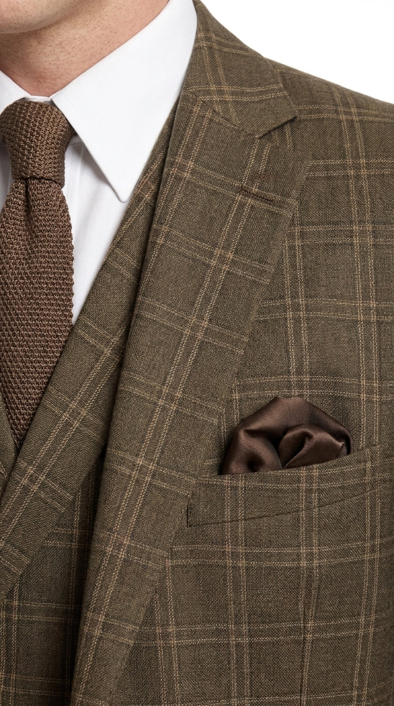 Men’s 1930s Brown Plaid 3 Piece Suit, Vintage Formal Wedding Business Dress Suit Set  Modern Fit