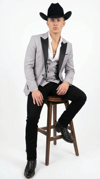 Men’s Light Gray Cowboy Tuxedo with Black Satin Lapel – Western Formal Suit with Double Breasted Vest
