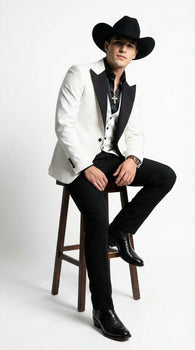 Men’s White Cowboy Tuxedo with Black Satin Lapel – Western Formal Suit with Matching Vest