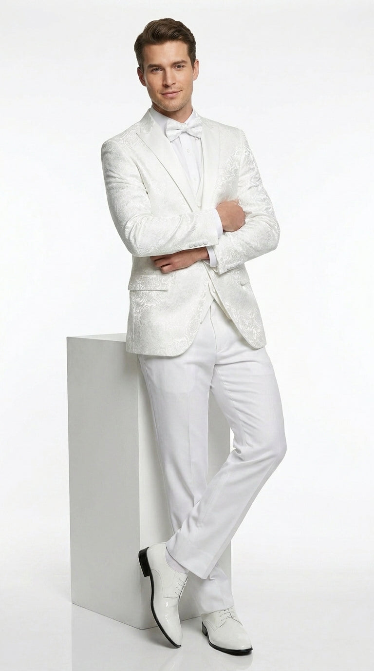 Men’s White Paisley Wedding Tuxedo with Groom Suit Jacket, Vest and Pants, Formal Dress Suit