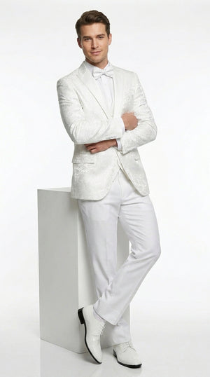 Men’s White Paisley Wedding Tuxedo with Groom Suit Jacket, Vest and Pants, Formal Dress Suit