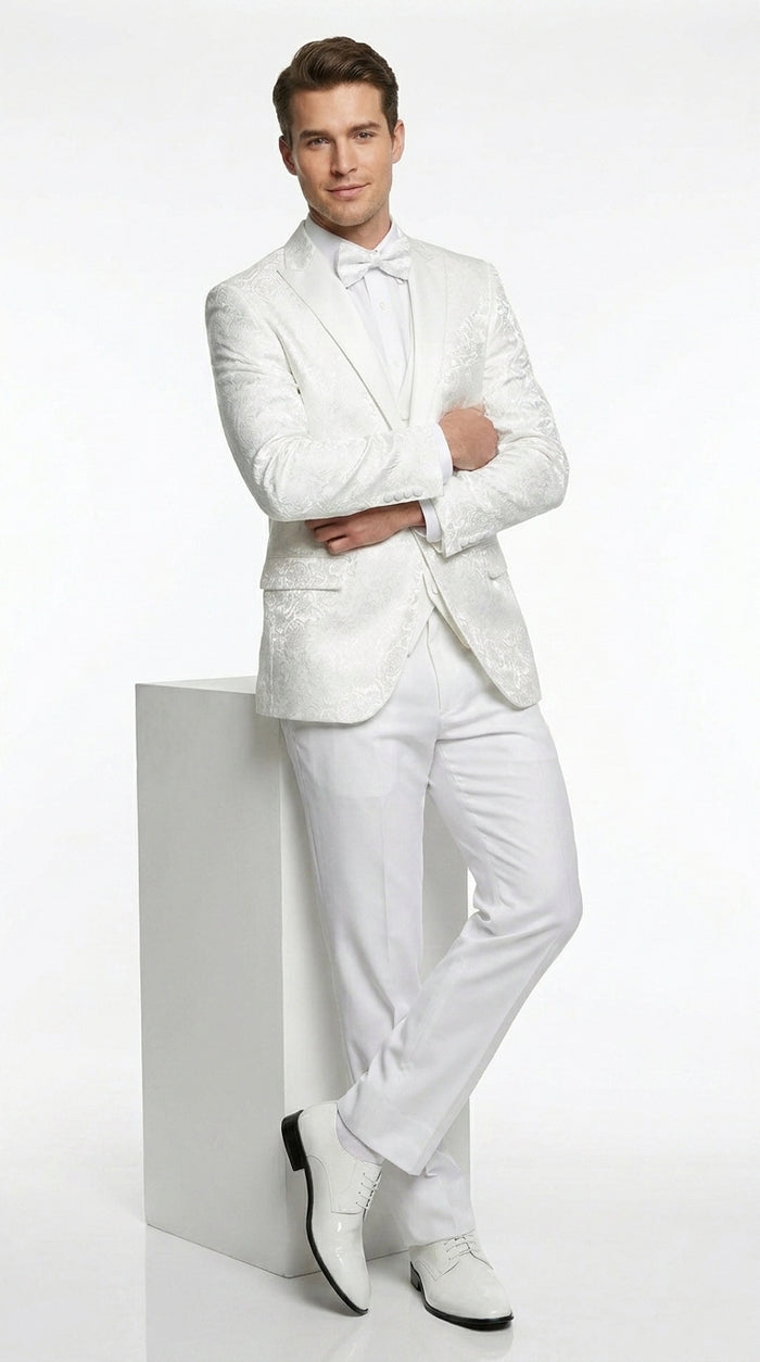 Men’s White Paisley Wedding Tuxedo with Groom Suit Jacket, Vest and Pants, Formal Dress Suit