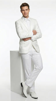 Men’s White Paisley Wedding Tuxedo with Groom Suit Jacket, Vest and Pants, Formal Dress Suit