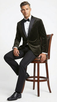 Men’s Black Velvet Dinner Jacket Blazer with Satin Lapel – Formal Evening Tuxedo Style Jacket Polk Dots Pattern + Free bowtie