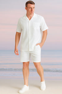 Mens White Seersucker Short Set – Lightweight Summer Outfit with Shirt and Shorts
