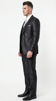 Men’s Black Three Piece Suit – Modern Fit 3PC Formal Suit with Vest for Wedding, Prom and Business Events Sharkskin Shiny Fabric