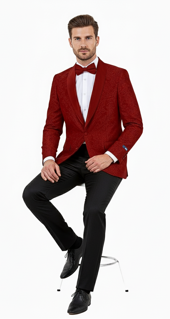 Big and Tall Men’s Burgundy Paisley Tuxedo Jacket – Satin Shawl Lapel Blazer with Bow Tie for Weddings, Proms, and Special Events - Image 4