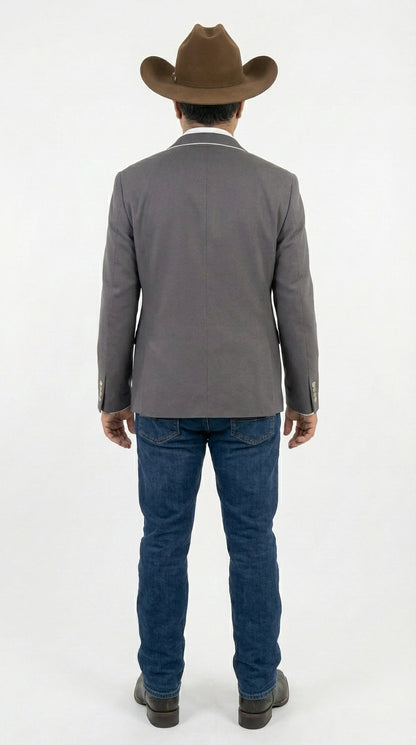Mens Grey and White Trim Western Blazer – Classic Fit Cowboy Style Contrast Trim Dress Jacket