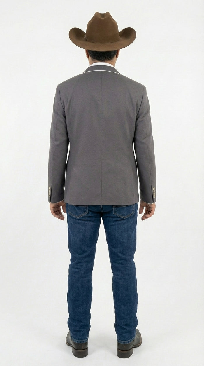 Mens Grey and White Trim Western Blazer – Classic Fit Cowboy Style Contrast Trim Dress Jacket