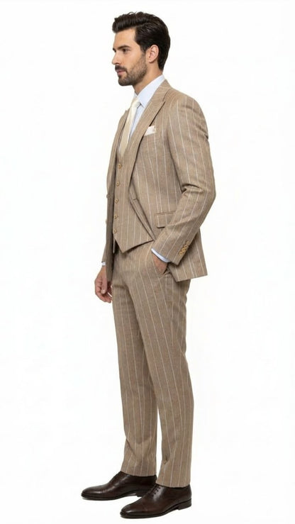 Men's Beige Pinstripe Three-Piece Vested Suit – Tailored Fit  Business Attire in Tan Stripe by Rossiman - Image 4