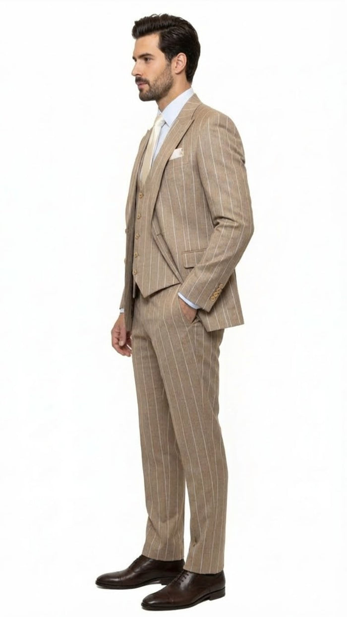 Men's Beige Pinstripe Three-Piece Vested Suit – Tailored Fit  Business Attire in Tan Stripe by Rossiman - Image 4