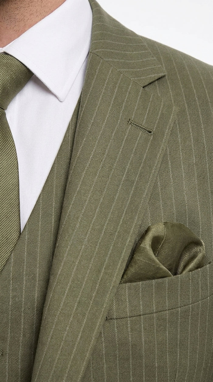 Men’s Olive Green Tone-on-Tone Shadow Pinstripe  3 Piece Suit – Modern Formal Suit with Vest Shadow Stripe