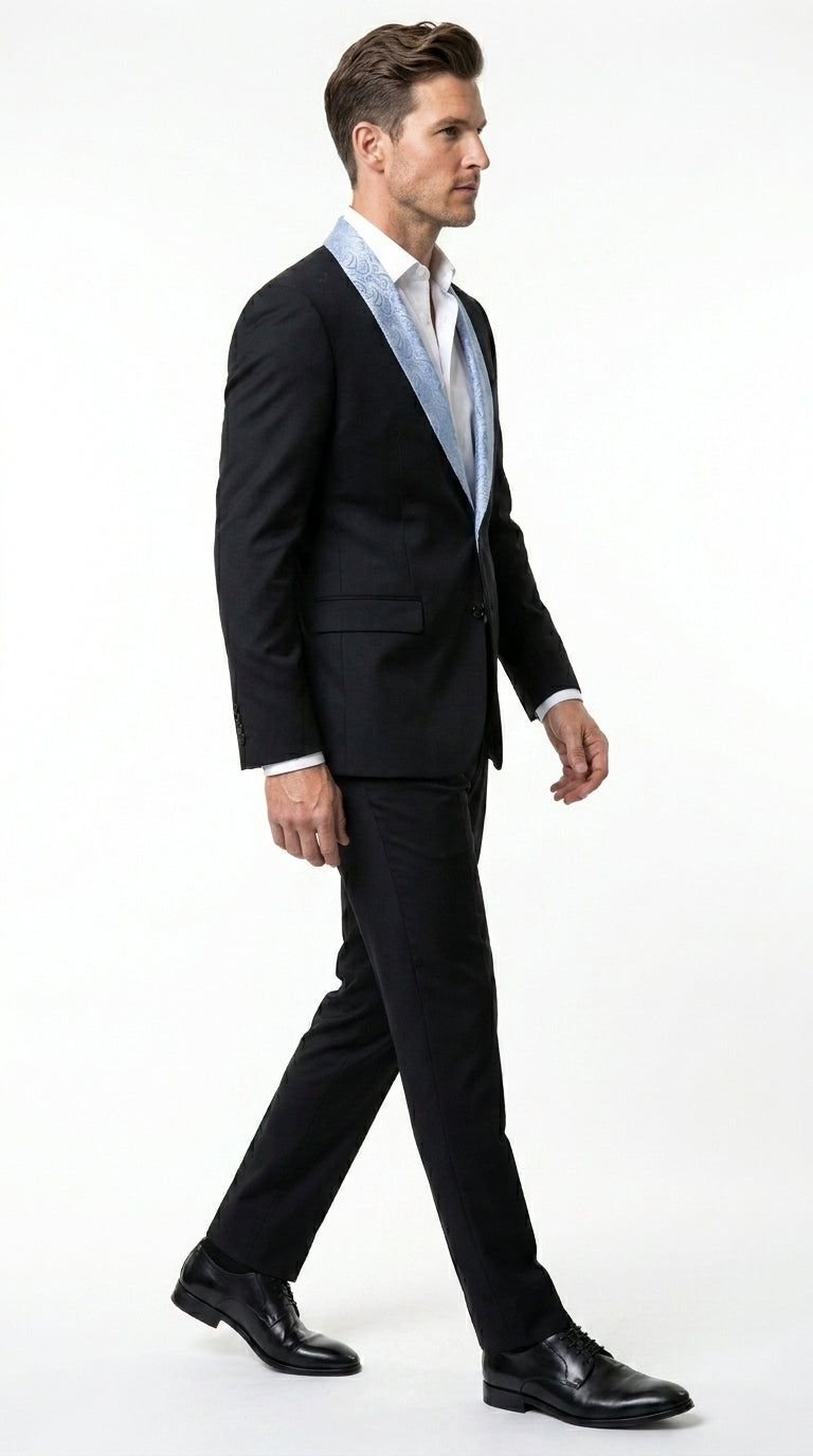 Men’s Black Suit with Light Blue Lapel – Modern Formal Tuxedo Style Suit for Wedding, Prom, Party and Sky Powder Blue Color