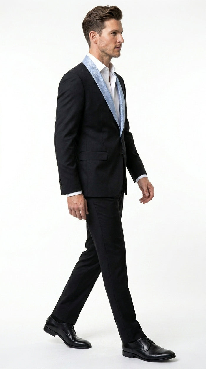 Men’s Black Suit with Light Blue Lapel – Modern Formal Tuxedo Style Suit for Wedding, Prom, Party and Sky Powder Blue Color