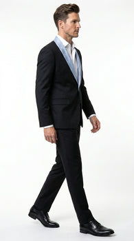 Men’s Black Suit with Light Blue Lapel – Modern Formal Tuxedo Style Suit for Wedding, Prom, Party and Sky Powder Blue Color