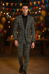 Men’s Black and Silver Sequin Tuxedo – Slim Fit 2-Piece Party and Wedding Suit with Sparkling Design- Black and White Color
