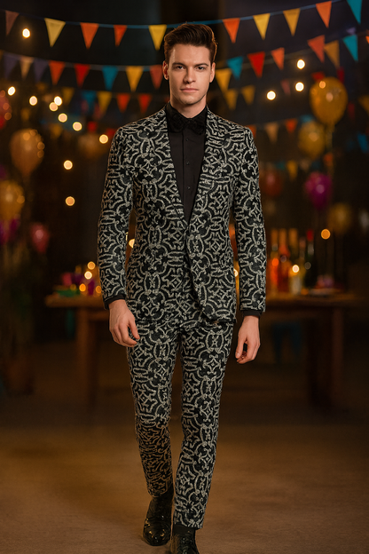 Men’s Black and Silver Sequin Tuxedo – Slim Fit 2-Piece Party and Wedding Suit with Sparkling Design- Black and White Color