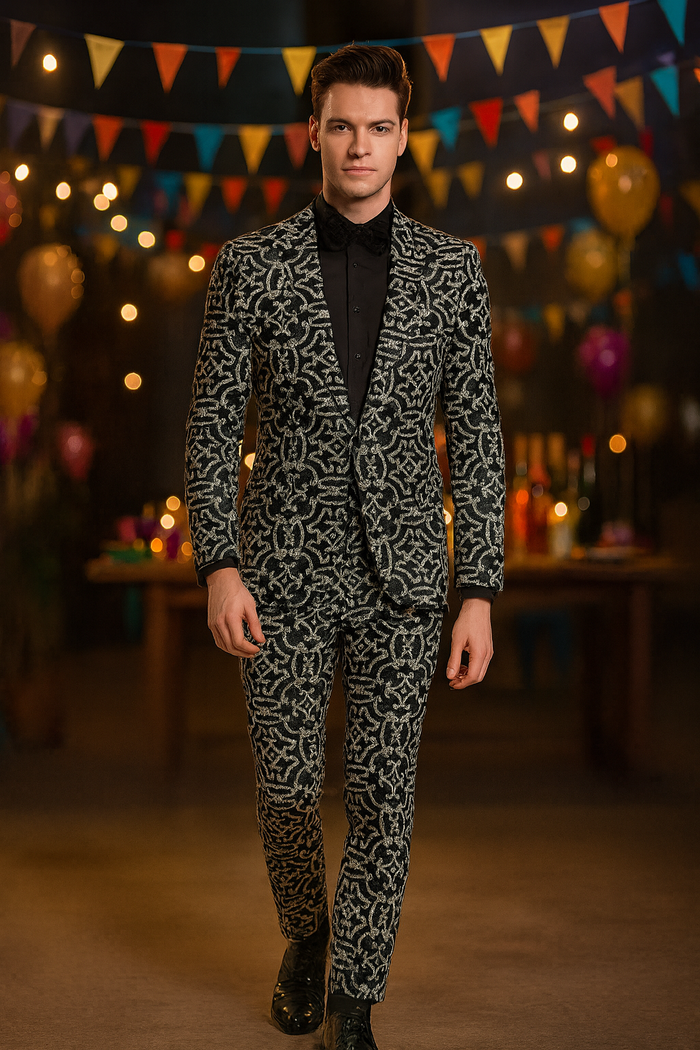 Men’s Black and Silver Sequin Tuxedo – Slim Fit 2-Piece Party and Wedding Suit with Sparkling Design- Black and White Color