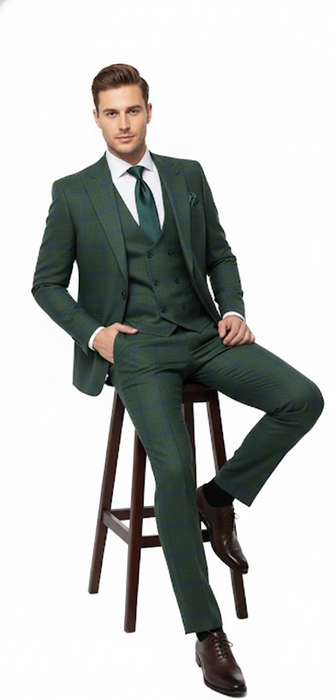 Men’s Green Plaid 3-Piece Suit – Classic Check Slim Fit Suit for Weddings, Church, and Formal By Rossiman