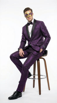 Mens Purple Shimmer Mardi Gras Suit with Black Satin Lapel – Shiny Metallic Formal Party and Carnival Suit Sequin Look