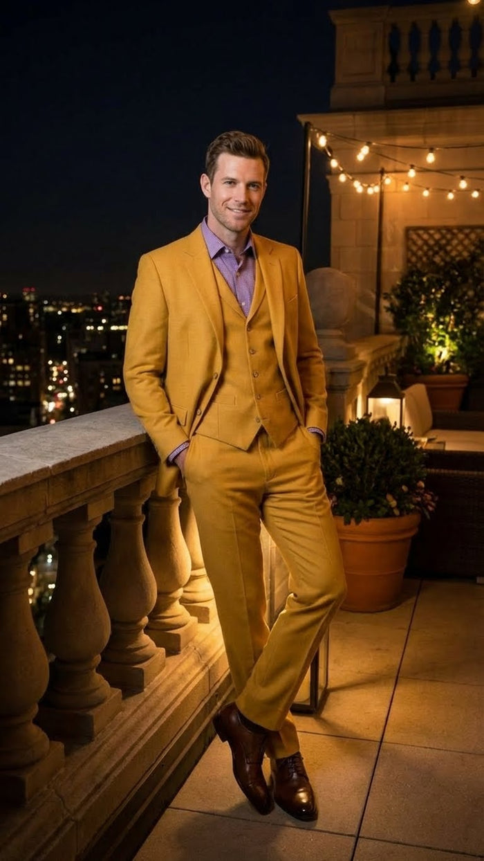 Men’s Mustard Yellow Three Piece Suit | 2 Button Notch Lapel in Gold Color - Church Suit Modern Fit
