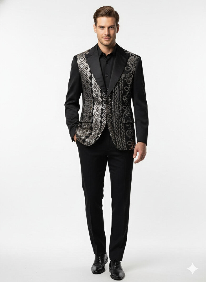 Mens Black and White and Silver Sequin Embroidered Blazer – Luxury Designer Party Wear with Geometric Detailing - Image 4