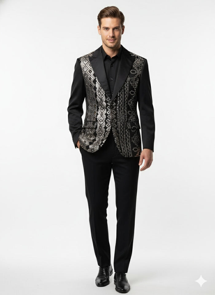 Mens Black and White and Silver Sequin Embroidered Blazer – Luxury Designer Party Wear with Geometric Detailing - Image 4