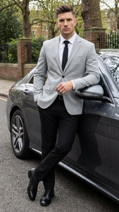Men’s Light Grey Slim Fit Blazer Sport Coat with Black Pants | Premium Formal and Smart Casual Outfit