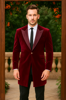 Men’s Burgundy Tuxedo in  Velvet  Long Blazer – Victorian Cutaway Tuxedo Suit 1920s Gangster Style Long Jacket with Black Pants