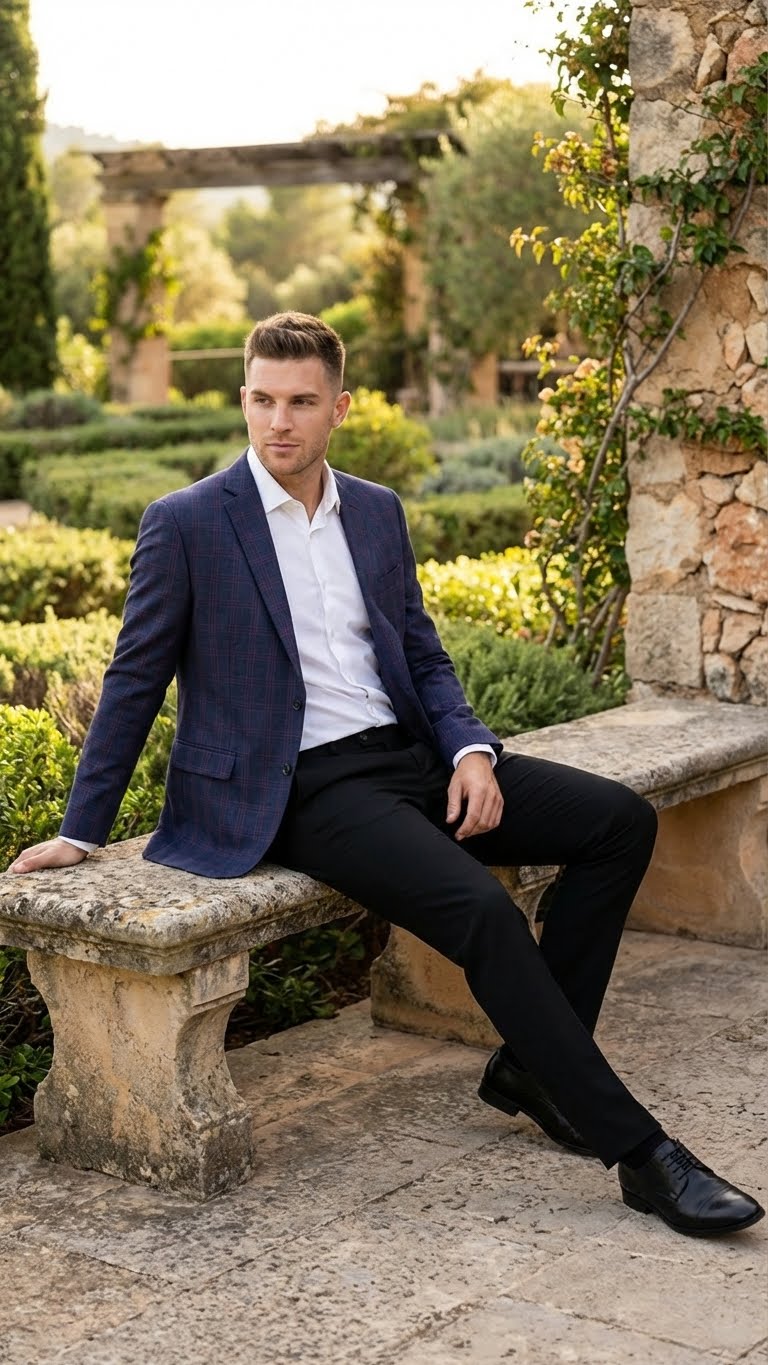 Men’s Big and Tall Navy Blue with Burgundy Plaid Jacket and Sport Coat – Wool Blazer