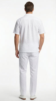Mens White Seersucker Walking Suit Set – Casual Summer Short Sleeve Outfit with Matching Pants Lightweight Two Piece Set