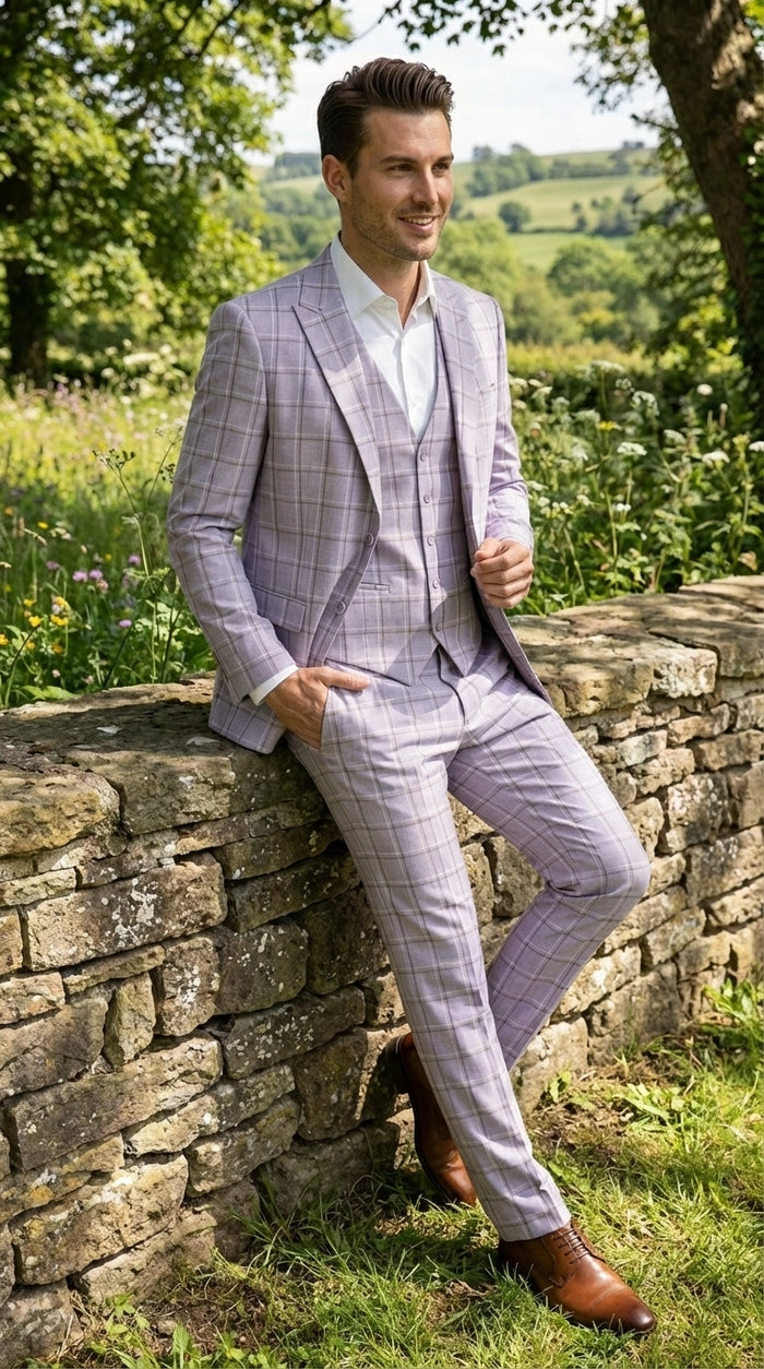 Men’s Lilac Lavender Windowpane Check 3 Piece Suit – Lilac Plaid Formal Suit with Vest for Wedding, Prom and Business Events  Modern Fit