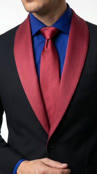 Men’s Black Suit with Burgundy Shawl Lapel –  Formal Tuxedo Suit for Wedding, Prom and Evening Events + Bowtie & Tie