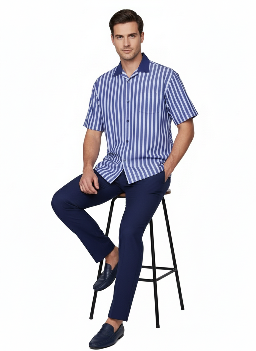 Men’s Blue and White Vertical Stripe Short Sleeve Shirt Set – Casual Summer Two-Piece Outfit  With Walking Suit Plus Matching Pants