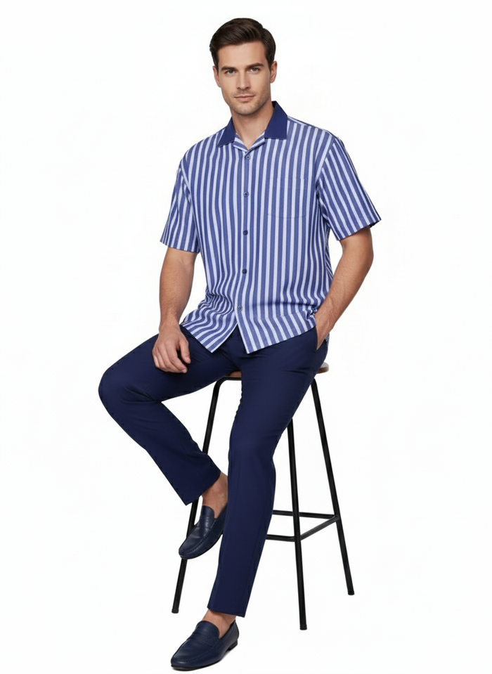 Men’s Blue and White Vertical Stripe Short Sleeve Shirt Set – Casual Summer Two-Piece Outfit  With Walking Suit Plus Matching Pants