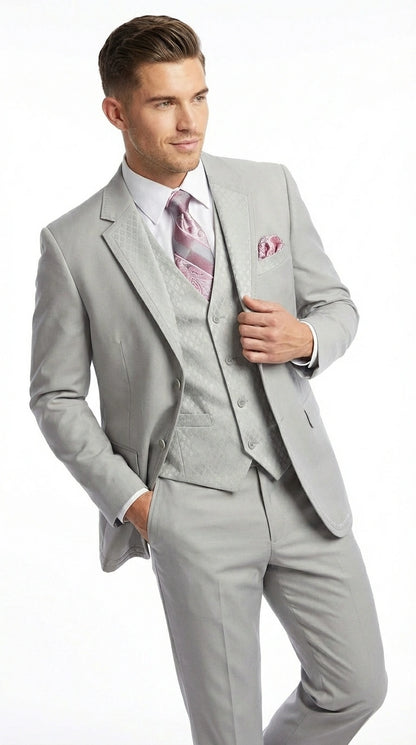 Men’s Light Gray 3 Piece Suit – Ice Silver Gray Formal Suit Set with Vest, Patterned Lapel and Tie for Wedding, Prom and Business Events  Modern Fit
