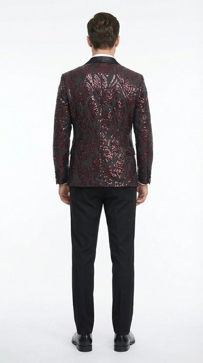 Men’s Black and Burgundy Sequin Blazer – Black Sparkle Sequin Party Blazer with Burgundy Pattern for Prom, Wedding Slim Fitted