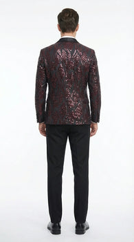 Men’s Black and Burgundy Sequin Blazer – Black Sparkle Sequin Party Blazer with Burgundy Pattern for Prom, Wedding Slim Fitted