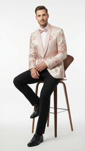 Men’s Pink Blush Floral Jacquard Blazer with Embellished Shawl Lapel – Luxury Party and Wedding Wear Jacket
