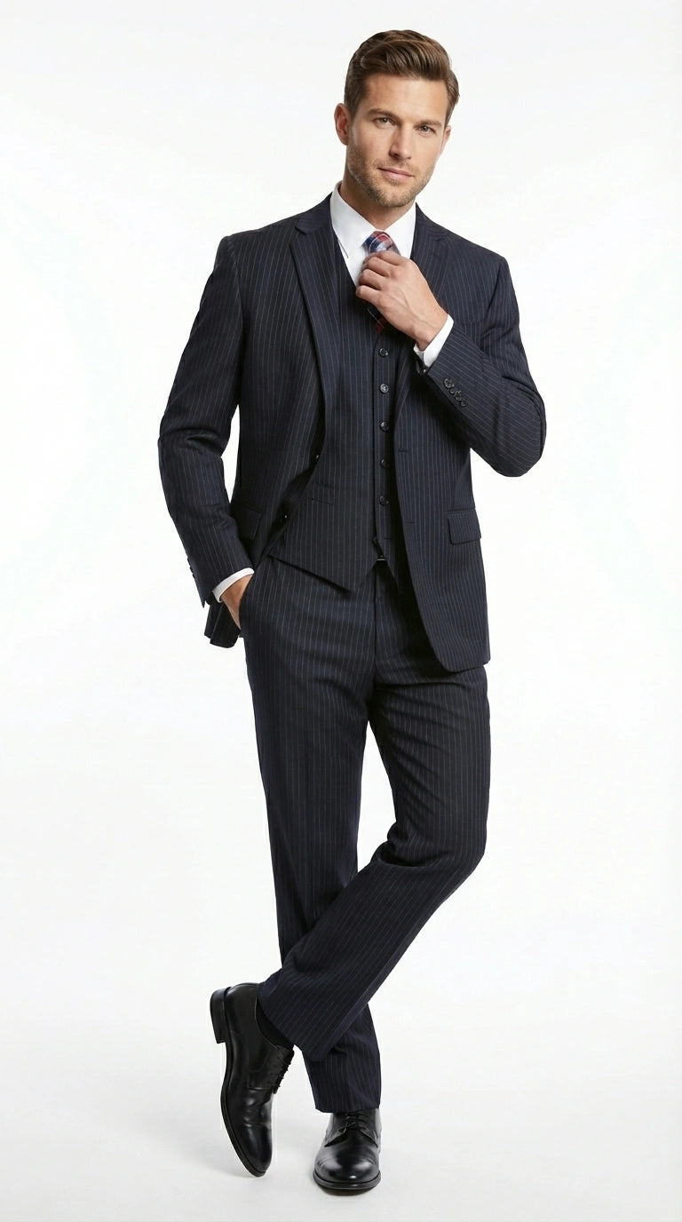 Italian Made By Statment - 100% Wool Fabric Super 150's  Banker Pinstripe in Navy Charcoal Black 2 Button Suit Modern Fit 2 Buttons Notch Lapel