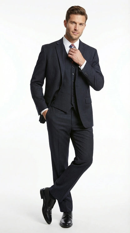 Italian Made By Statment - 100% Wool Fabric Super 150's  Banker Pinstripe in Navy Charcoal Black 2 Button Suit Modern Fit 2 Buttons Notch Lapel