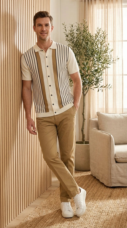 Mens Cream and Tan Striped Walking Suit plus Matching Pants  – Casual Summer Short Sleeve Shirt and Pants Outfit for Vacation, Travel and Everyday Wear