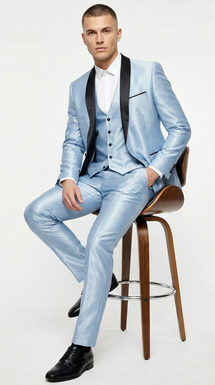 Men’s Light Blue Shiny 3 Piece Suit with Black Shawl Lapel | Formal Wedding Prom Suit - Sateen Sharskin Suit Modern Fit