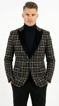 Mens Tartan Black and Gold Check Blazer – Windowpane Plaid Sport Coat Velvet Lapel Formal Party Jacket Chirsitmas New Year Holiday Jacket