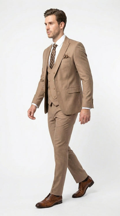 Men’s Rossiman Tan Suit with Gold Buttons, Peak Lapel Jacket and Double Breasted Vest Modern Fit