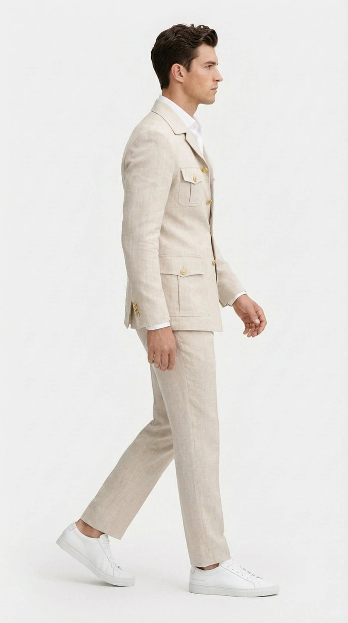 Mens Tan Beige Safari Military Walking Suit Set – Casual Two Piece Outfit Lightweight Summer Blazer and Pants Set Classic Casual Wear
