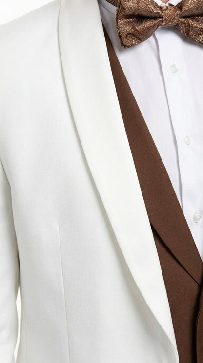 Men’s Ivory and Brown 3 Piece Suit – Elegant White Blazer with Brown Vest and Trousers for Wedding, Prom and Formal Events in off White Cream + Bowtie