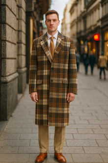 Men’s Vintage Plaid Overcoat Wool Fabric – Classic Retro Long Coat in Brown And Camel and Beige Color